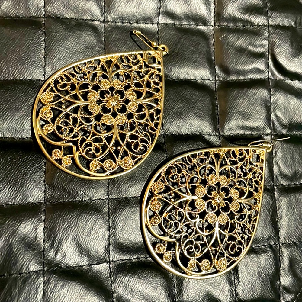 Large Gold Plated Filigree Teardrop Pendant Earrings
